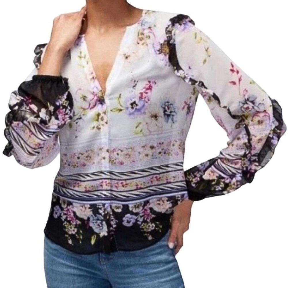 White House Black Market Floral Festival Ruffle Sheer Boho Cottagecore Top L